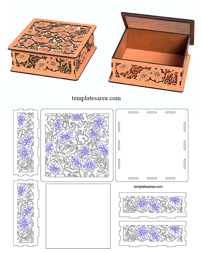 Floral laser cut box file layout with open and closed box views, flat panel drawing, blue engraving details, and DXF SVG CDR formats.