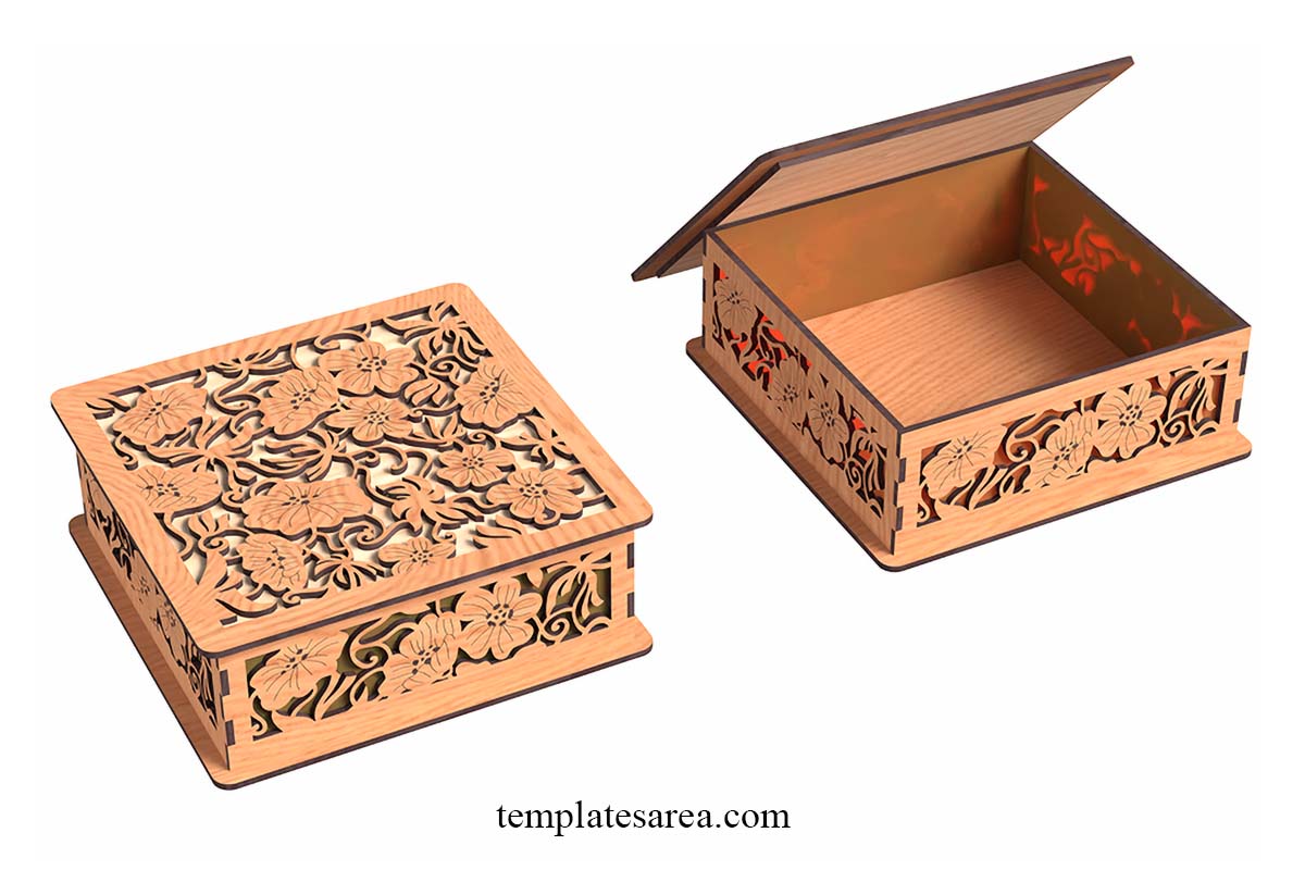 Open and closed floral laser cut wooden box with carved flower panels and fitted lid, suitable as a jewelry or keepsake box.