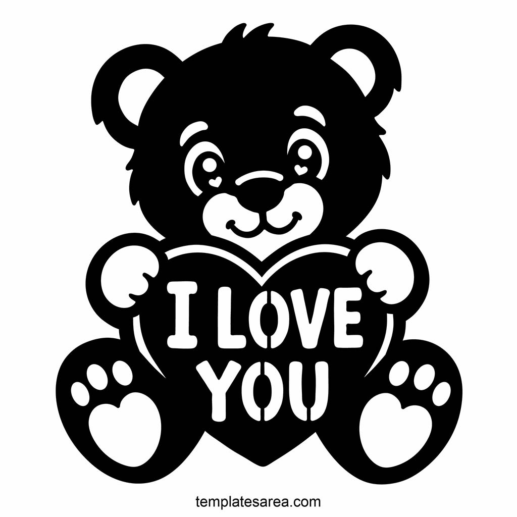 Black I Love You teddy bear vector with heart for SVG cut file, transparent PNG clipart, and one page PDF download.