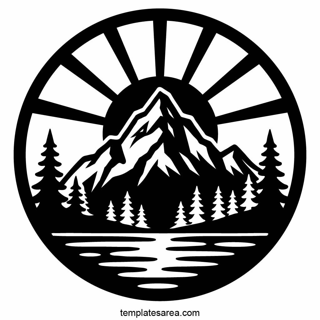Black mountain SVG cut file with sun rays, pine trees, circular frame, and transparent PNG for decals, wall art, and shirts