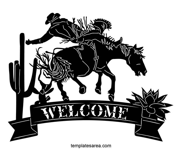 Cowboy on wild horse welcome sign free dxf file. Welcome sign dfx template for laser cutting.