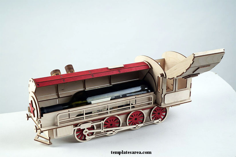 Laser cut wooden locomotive wine box template. Free laser cut wine box project file.