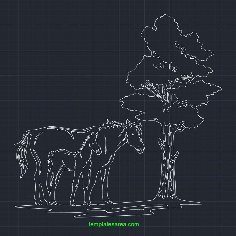 Free Horse, Foal and Tree DWG CAD Block File