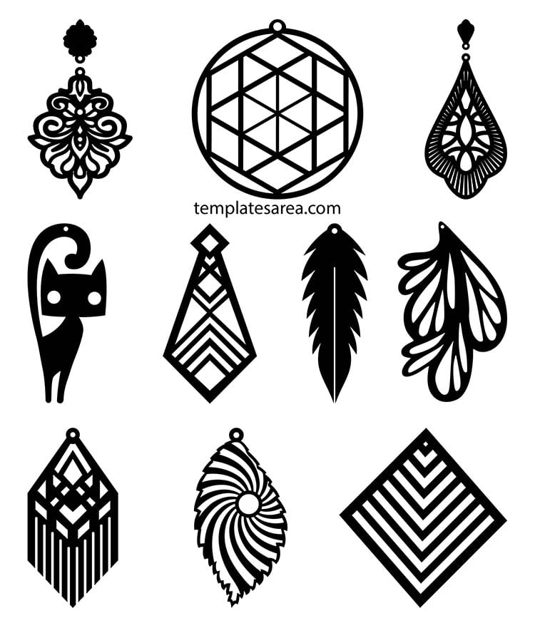 A collage of 10 different earring designs in SVG cut file, perfect for Cricut and other digital craft machines.