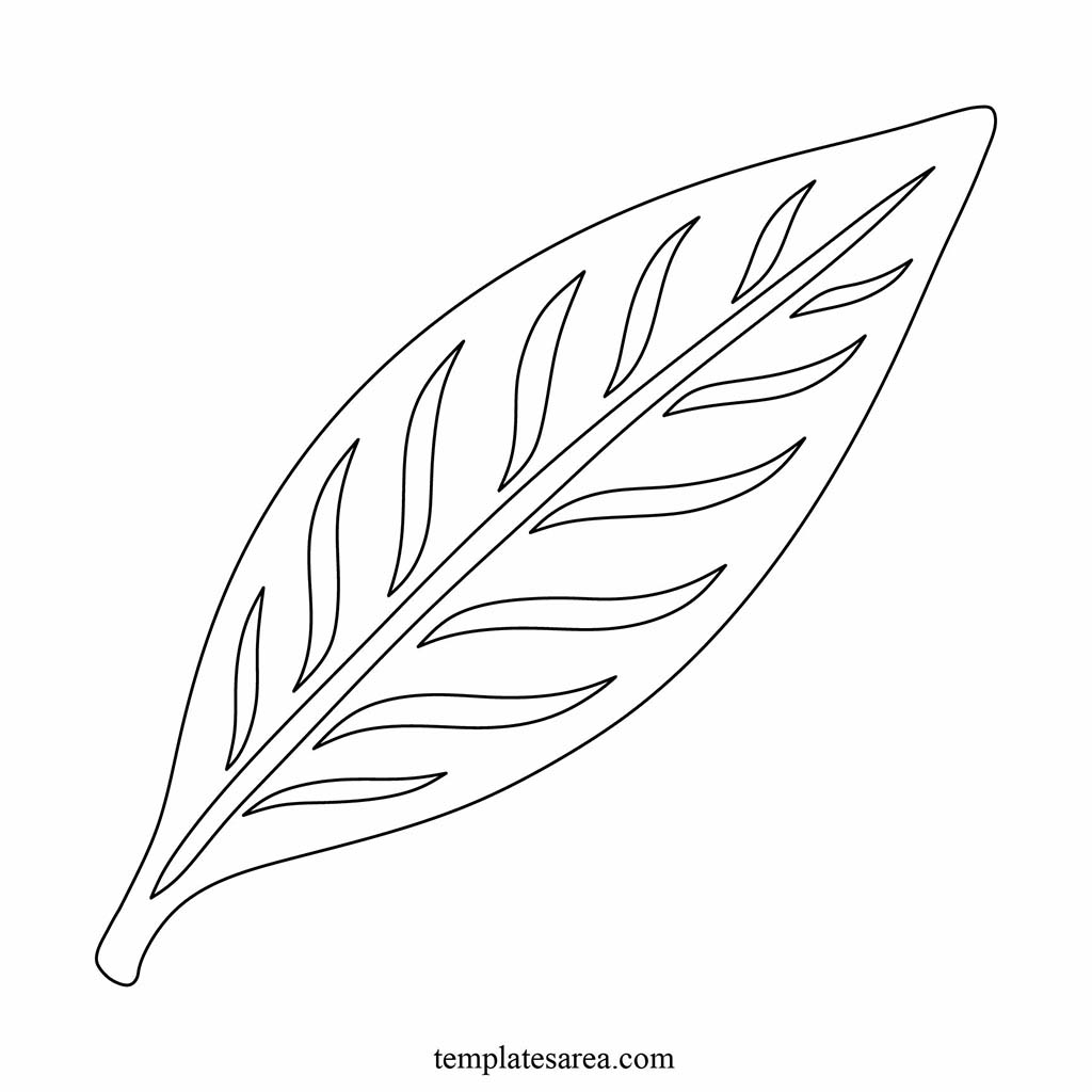 Long Narrow Leaf Template PDF for Paper Cutouts Long narrow printable leaf template PDF with a slim outline and inner vein linework for paper craft cutouts and tracing