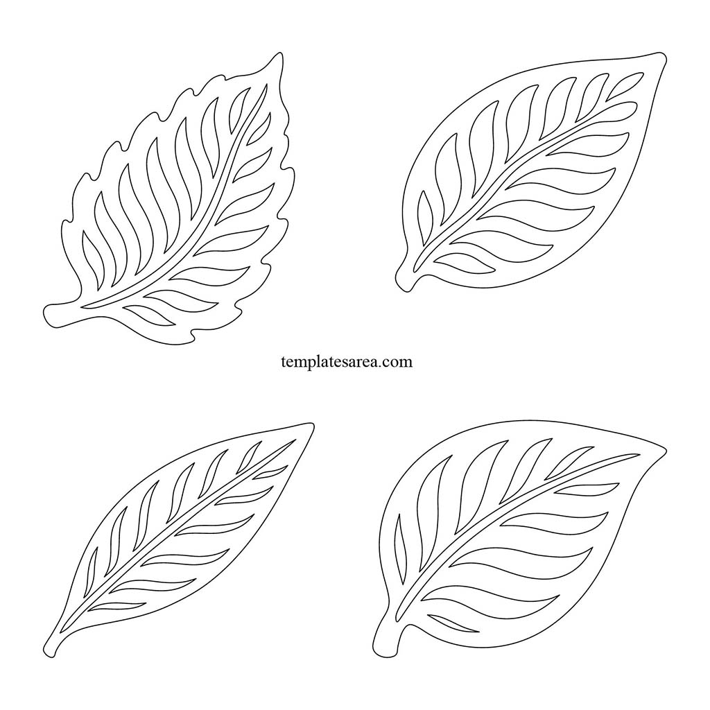 Four printable leaf templates in a PDF set, with outline leaves and vein linework for paper craft cutouts and tracing