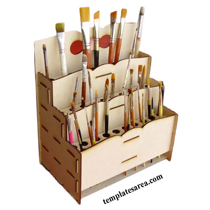Organize your brushes effortlessly with our laser-cut wooden brush holder, available for free download.