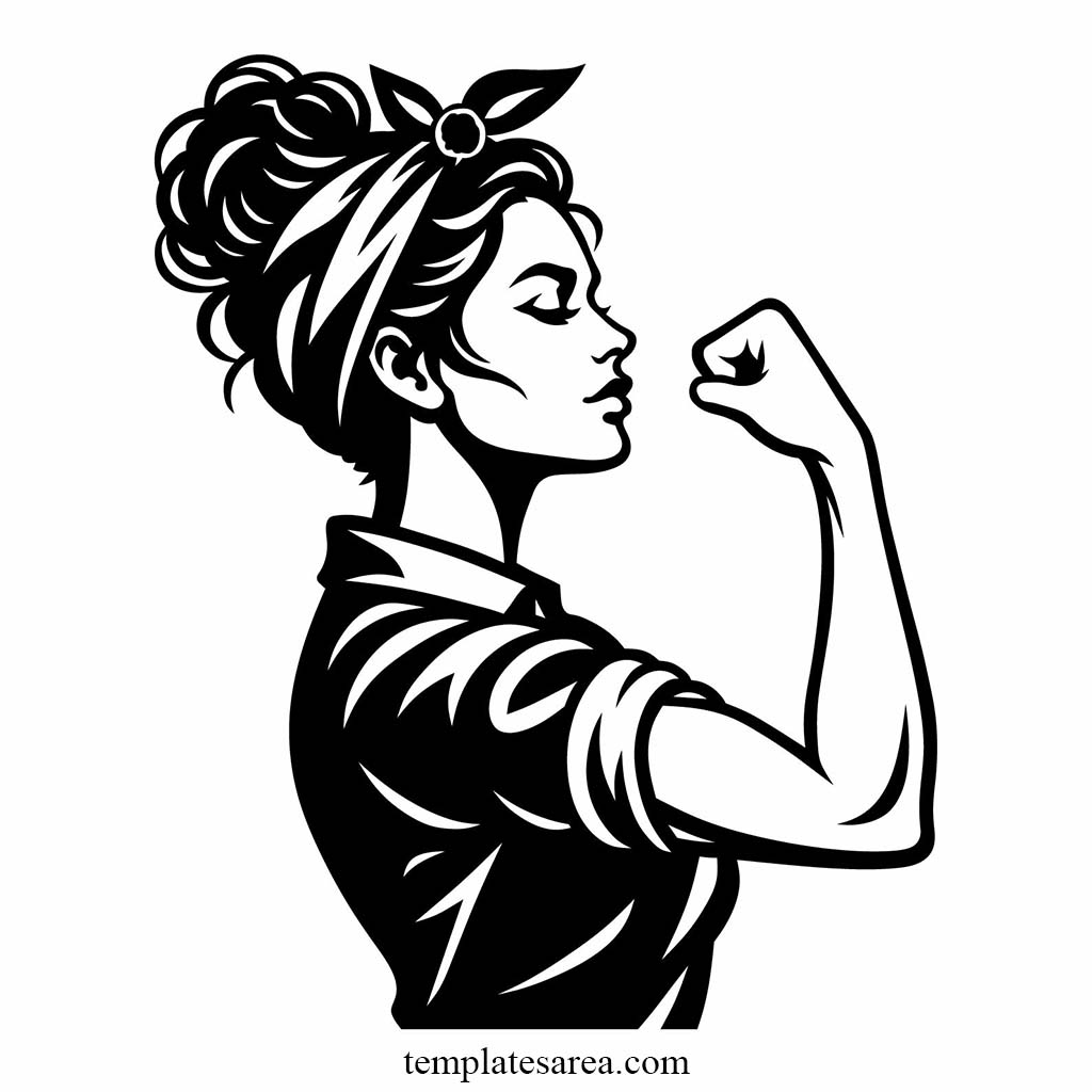 Strong woman vector SVG cut file in Rosie the Riveter style with messy bun, bandana, raised fist, and transparent PNG.