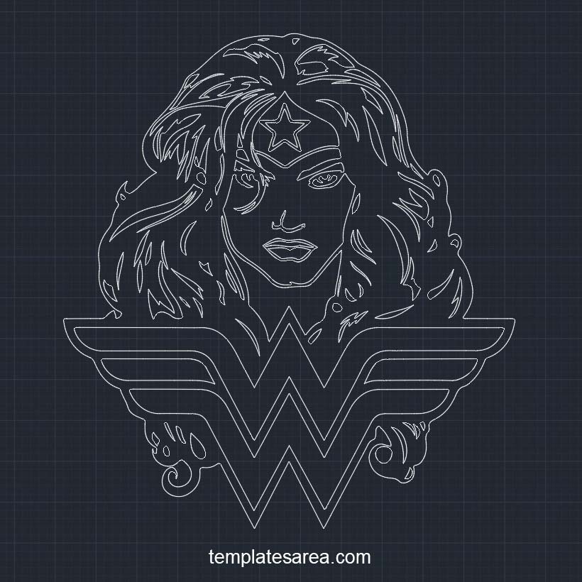 2D CAD block featuring the iconic Wonder Woman face logo, available as a free DWG file, perfect for integrating into AutoCAD projects and CNC engraving patterns.