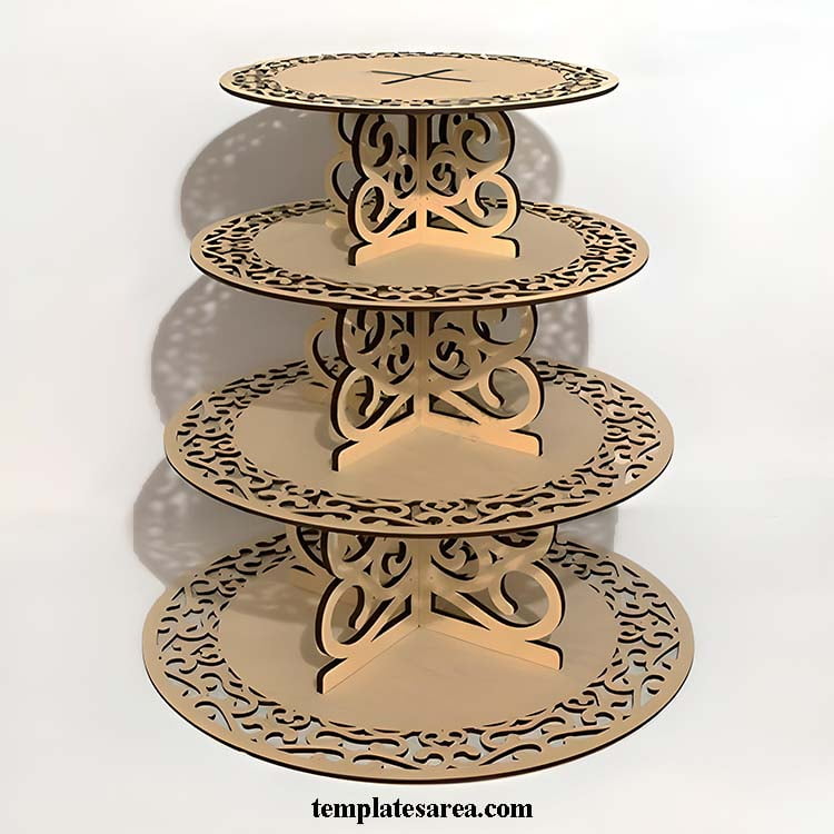 An elegant four-tiered laser-cut wooden cupcake stand, available for free download.