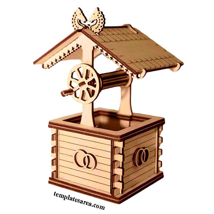Download free laser cut files to create a 3D wooden well puzzle, suitable for collectors and decorative purposes.