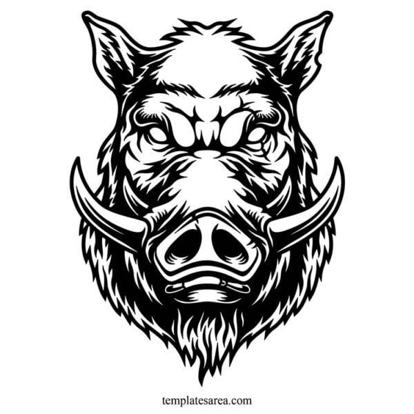 Detailed illustration of a wild boar's head in DXF format, available for free download for use in CNC laser and plasma cutter projects.