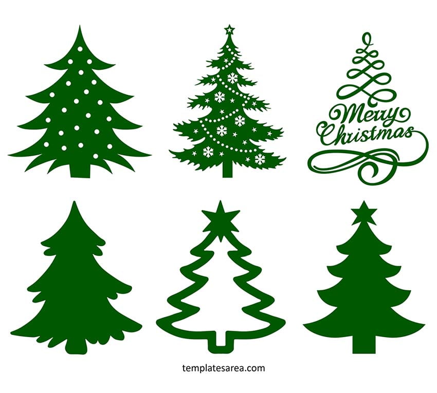 An array of six diverse Christmas tree SVG clipart and vector files, perfect for festive DIY projects and holiday crafts, compatible with Cricut and Silhouette.