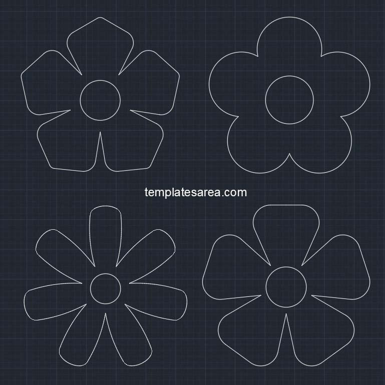 Collection of four free simple flower CAD block designs in DWG format, featuring unique petal arrangements and a central circular shape, suitable for CNC and CAD projects.