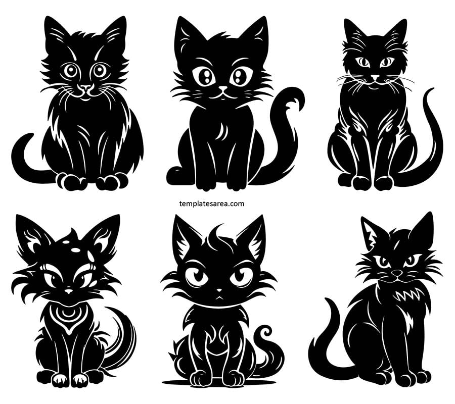 Black and white, transparent cat silhouette vectors in free SVG cut file, PNG graphic, and PDF vector files.