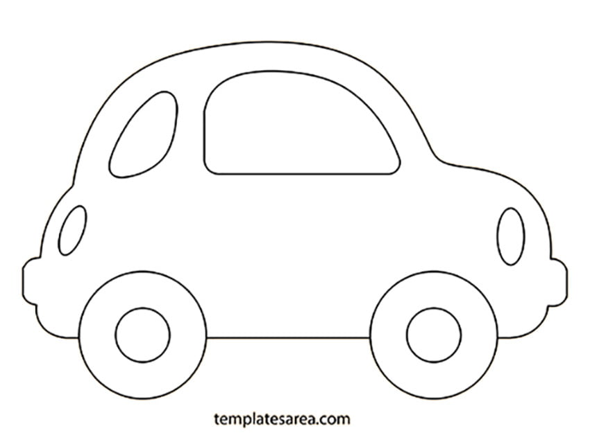 A simple black and white line drawing of a car, perfect for coloring and cut-outs.