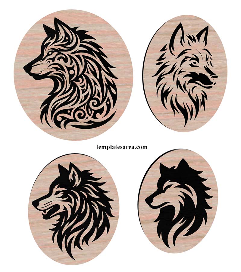 Four intricate wolf head designs in DXF format, perfect for laser engraving and vinyl cutting on wood, metal, or acrylic.