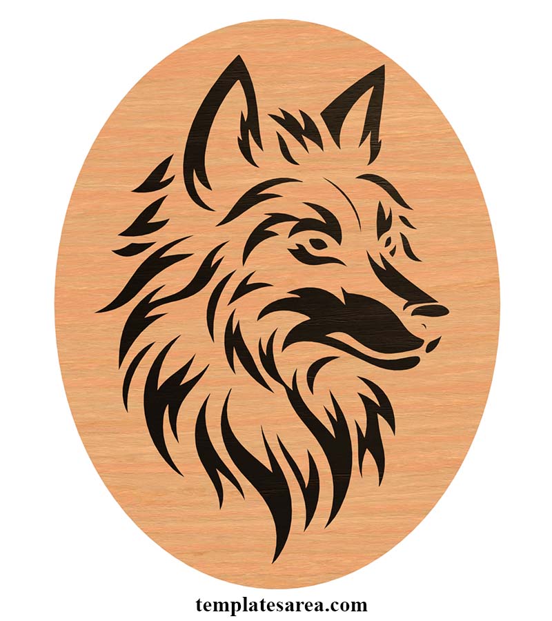 Intricate wolf head stencil template in DXF format, perfect for laser cutting and painting on wood, canvas, or fabric.