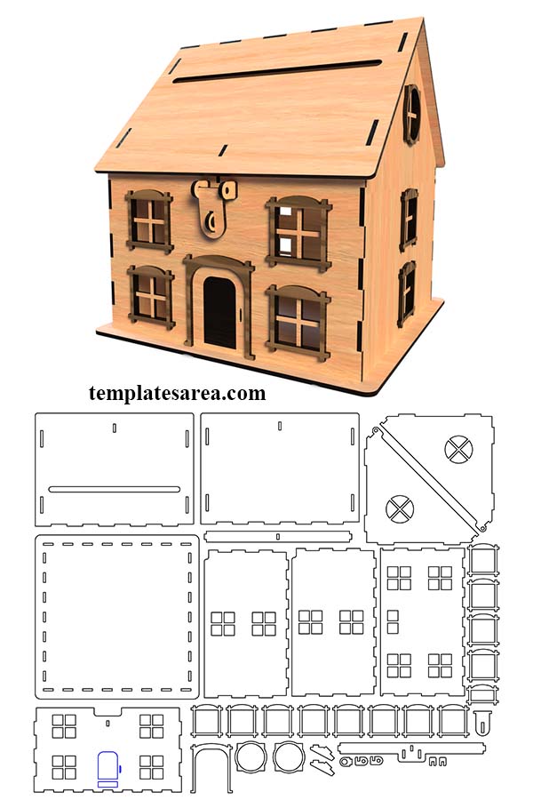 Download FREE laser cut plans & build your own wooden house tip box & piggy bank!